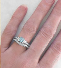 Antique Princess Cut Aquamarine Engagement Rings with Matching Diamond Wedding Band in 14k