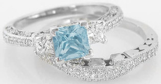 Vintage Princess Cut Aquamarine Engagement Ring and Matching Diamond Wedding Band