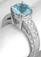 Round Aquamarine Diamond Ring with Engraving