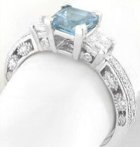Princess Cut Aquamarine and Diamond  Ring in 14k