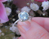 Natural Cushion Aquamarine Engagement Ring with real Diamond Halo in 14k white gold for sale