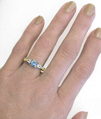 Three Stone Round Aquamarine Ring in 14k Yellow Gold with Engraving