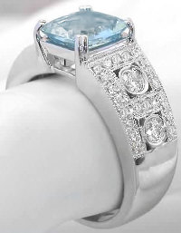 Aquamarine and Diamond Wide Band Engagement Ring with Milgrain Edging