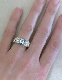 Aquamarine and Diamond Band Engagement Ring in 14k yellow gold