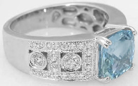 Cushion Cut Aquamarine Diamond Wide Band Engagement Ring