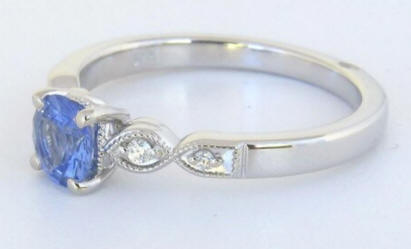petite round natural blue sapphire ring in 14k white gold antique design millgrain