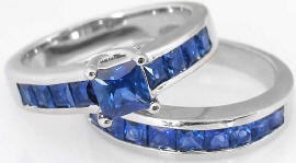 Premium Princess Cut Ceylon Blue Sapphire Ring and Matching Band in 14k white gold