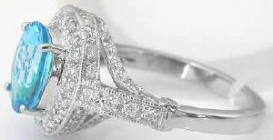 Halo oval cut swiss blue topaz band ring in 14k white gold