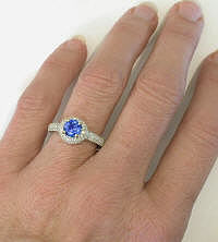Round Ceylon Sapphire and Diamond Halo Ring in 14k white gold