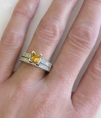 Antique Princess Cut Citrine Diamond Engagement Ring with Matching Band