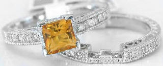Vintage Citrine Diamond Engagement Ring with Matching Band