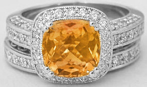 2.72 carat Cushion Cut Citrine and Diamond Ring in 14k white gold