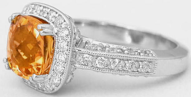 Cushion Cut Citrine and Diamond Halo Engagement Ring and Wedding Band with  Milgrain Edging and Diamond Studded Filigree Basket (GR-2077)