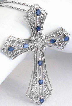Sapphire and Diamond Filigree Cross Necklace in 18k white gold