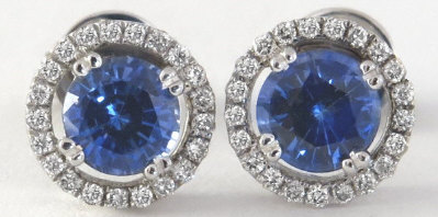 Genuine Sapphire and Diamond Halo Earrings in 14k white gold