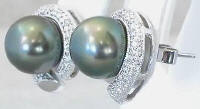 11 mm Cultured Tahitian Pearl and Pave Diamond Earrings in 18k white gold