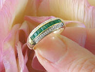 Stackable Genuine Emerald Band Ring in solid 14k yellow gold. Channel Set emeralds.