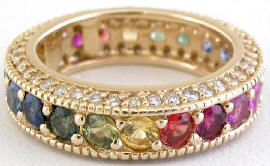 Green Sapphire Ring with Rainbow Sapphires and Diamonds in 14k