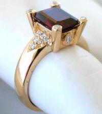 Emerald Cut Rhodolite Garnet and Diamond Ring in 14k Gold