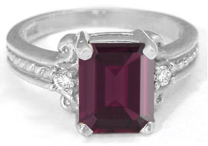 Emerald Cut Rhodolite Garnet Three Stone Engagement Ring