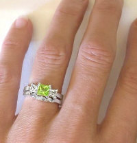Princess Cut Peridot Engagement Ring and Wedding Band