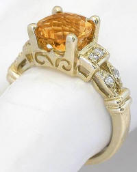 Checkerboard Faceted Citrine and Diamond Rings in 14k yellow gold