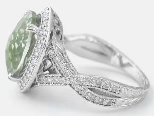 Vintage Styled Prasiolite Diamond Engagement Ring in 14k white gold