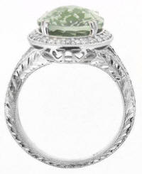 Antique Prasiolite Diamond Engagement Ring with Hand Engraving
