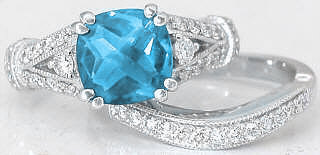 Cushion Blue Topaz & Diamond Engagement Ring in 14k White Gold