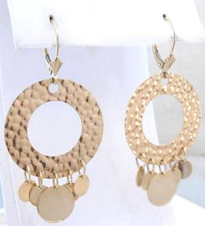 Hammered Circle and Disc Drop Earrings in 14k yellow gold
