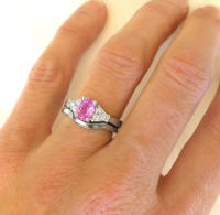 Hand image of Pink Sapphire and Diamond Promise Ring in 14k white gold