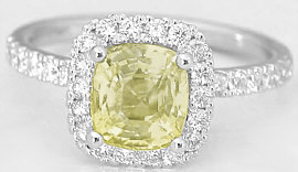 2.55 carat Cushion Cut Yellow natural Sapphire and Diamond Ring in 14k white gold