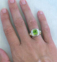 Cushion Cut Peridot and Diamond Ring in 14k White and Yellow Gold