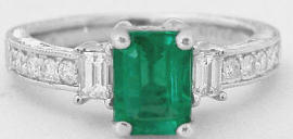 Emerald Cut Natural Emerald and Baguette Diamond Three Stone Ring in 14k white gold