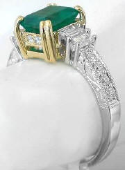 Genuine Emerald and Baguette Diamond Ring in 18k white and yellow gold