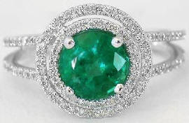 Round Natural Emerald and Double Diamond Halo Ring in 14k white gold