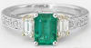 Emerald Cut Natural Emerald and Baguette Diamond Three Stone Ring in 14k white gold