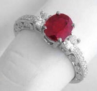 Genuine Burmese Ruby and Oval Diamond Ring in 14k white gold