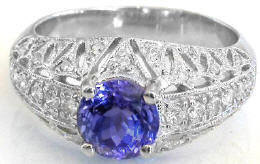 Ornate Round Natural Tanzanite Statement Ring with with Real Diamonds in open airy 14k white gold setting