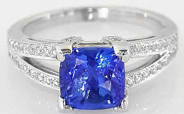 Cushion Cut AAA Natural Tanzanite Engagement Ring with Real Diamonds in a split shank set in solid 14k white gold for sale