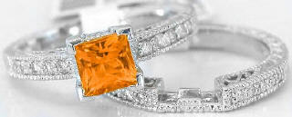 Antique Orange Sapphire Diamond Engagement Ring with Matching Band