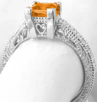 Engraved Vintage Orange Sapphire Diamond Engagement Ring in 14k white gold