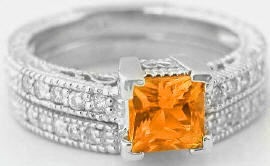1.19 ctw Princess Cut Orange Sapphire and Diamond Engagement Ring in 14k gold