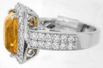 Huge Cushion Ceylon Orange Sapphire and Diamond Halo Ring in 18k white gold