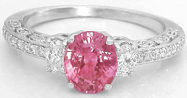 Peachy Pink Sapphire Diamond Engagement Ring in 14k white gold