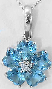 Blue Topaz Flower Pendant in 14k white gold with Heart Shaped Stones