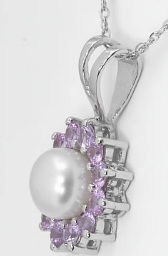 Pink Sapphire Halo and 6mm Pearl Pendant in 14k white gold
