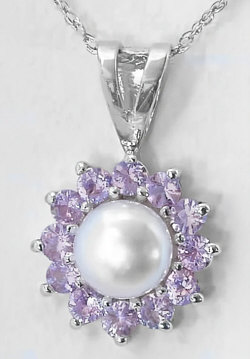 Cultured Pearl and Pink natural Sapphire Ballerina pendant in 14k white gold