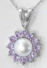 Cultured Pearl and Pink natural Sapphire Ballerina pendant in 14k white gold