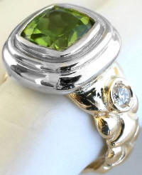 Bezel Set Cushion Cut Peridot and Diamond Ring